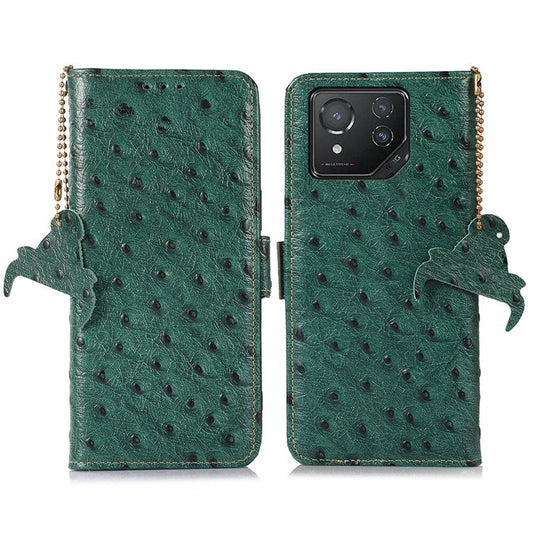 For Asus ROG Phone 8 5G / Phone 8 Pro 5G Ostrich Texture Wallet Case Genuine Cow Leather Phone Cover - Green