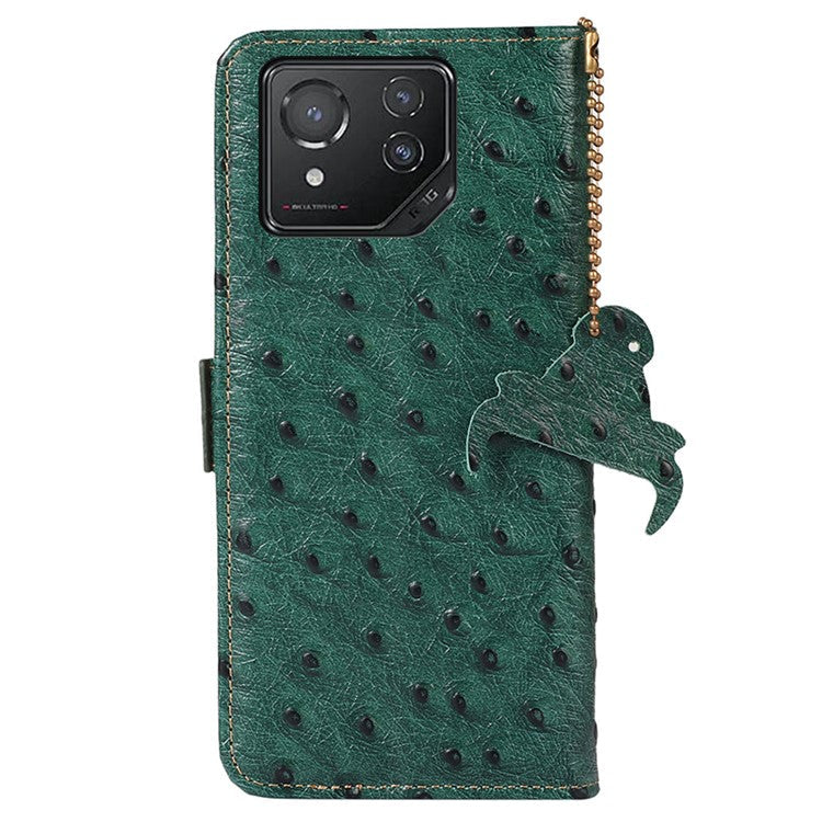 For Asus ROG Phone 8 5G / Phone 8 Pro 5G Ostrich Texture Wallet Case Genuine Cow Leather Phone Cover - Green