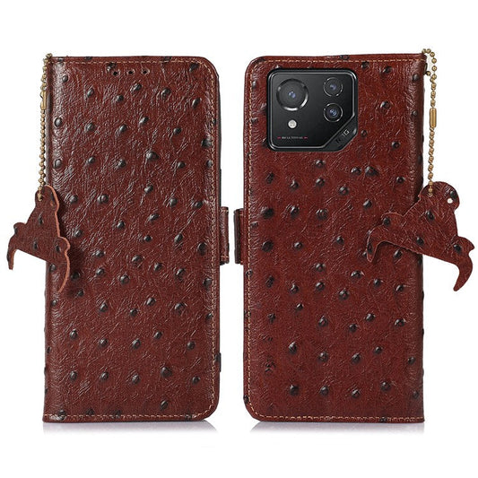 For Asus ROG Phone 8 5G / Phone 8 Pro 5G Ostrich Texture Wallet Case Genuine Cow Leather Phone Cover - Coffee