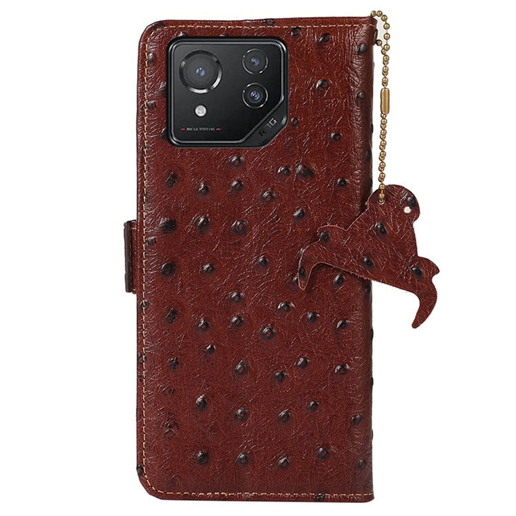 For Asus ROG Phone 8 5G / Phone 8 Pro 5G Ostrich Texture Wallet Case Genuine Cow Leather Phone Cover - Coffee