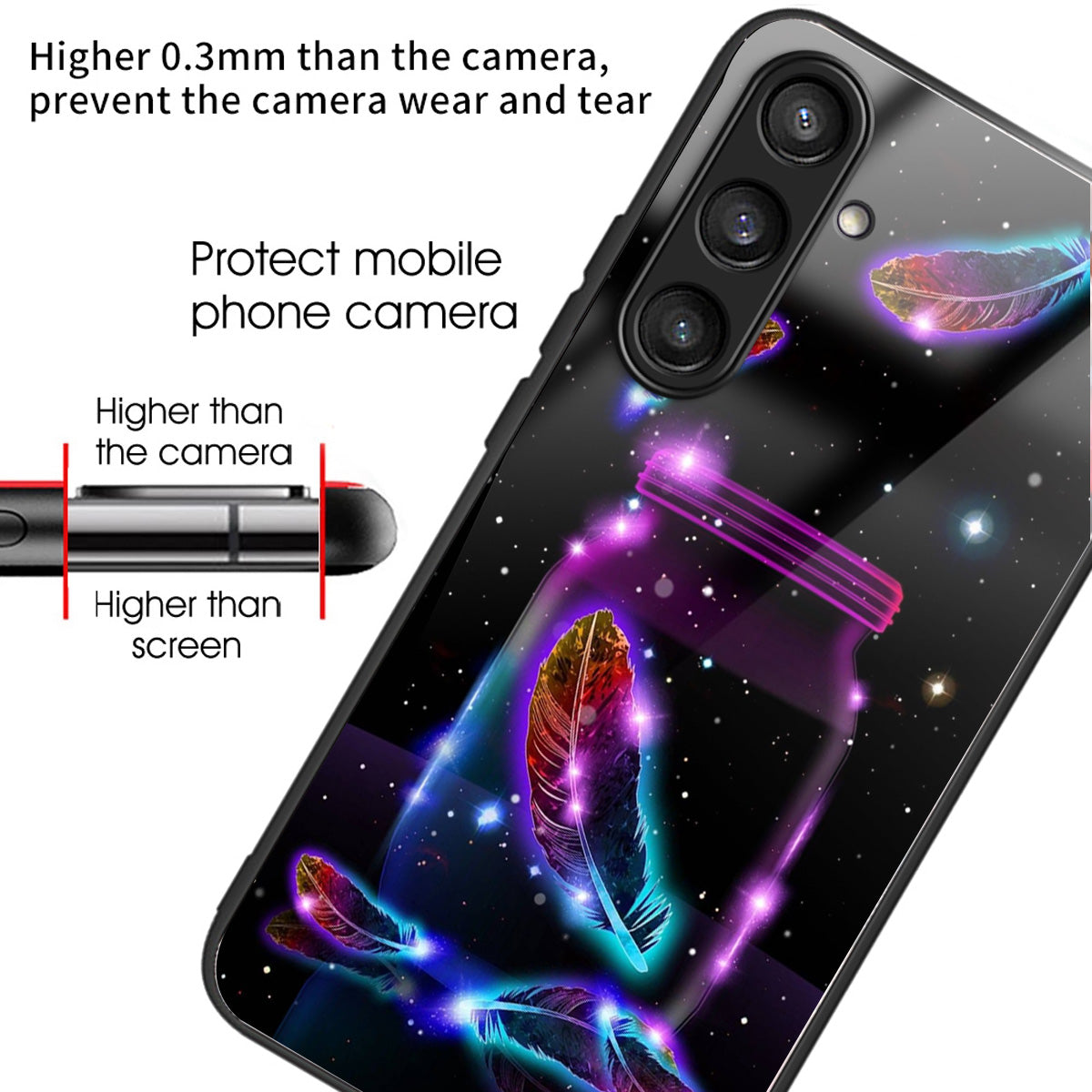 For Samsung Galaxy S24 Tempered Glass Back Case TPU Edge Phone Cover - Fluorescent Feather