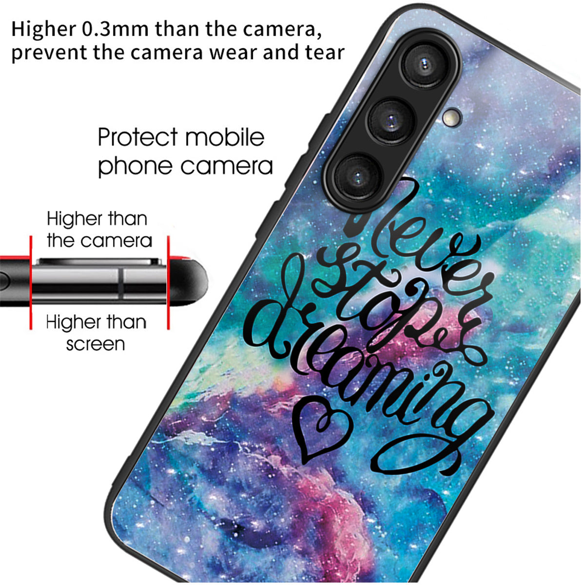 For Samsung Galaxy S24+ Pattern Phone Case Tempered Glass TPU Hybrid Shockproof Cover - Never Stop Dreaming