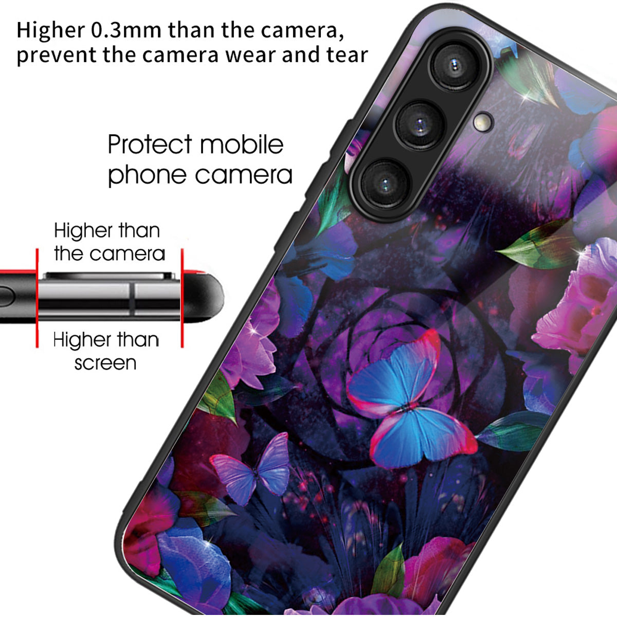 For Samsung Galaxy S24+ Pattern Phone Case Tempered Glass TPU Hybrid Shockproof Cover - Colorful Butterflies