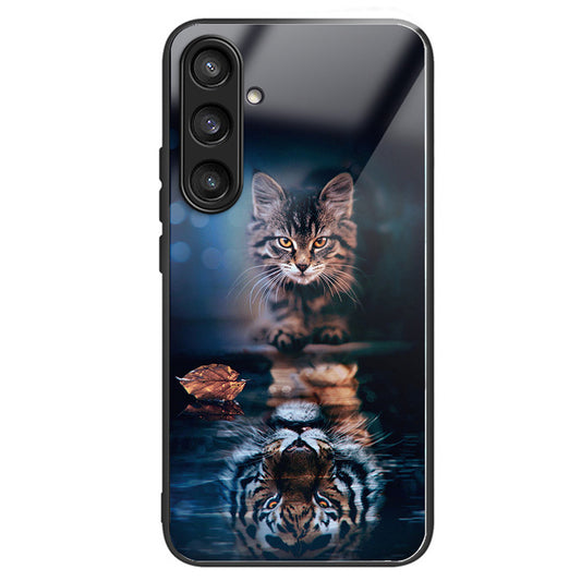 For Samsung Galaxy S24 Pattern Hard Back Cover Tempered Glass Phone Case Anti-scratch - Cat and Tiger