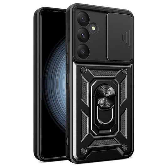 For Samsung Galaxy A55 5G Cell Phone Case Anti-dust Kickstand Cover with Slide Lens Protection - Black