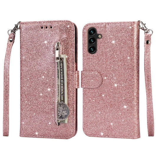 For Samsung Galaxy A35 5G Case Glitter Phone Stand Leather Drop-proof Cover with Zipper Pocket - Rose Gold
