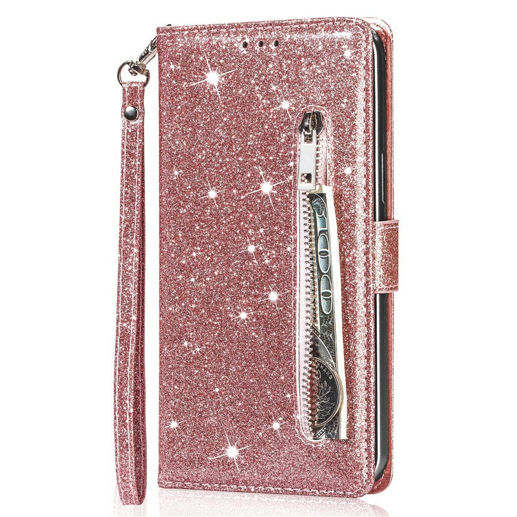 For Samsung Galaxy A35 5G Case Glitter Phone Stand Leather Drop-proof Cover with Zipper Pocket - Rose Gold