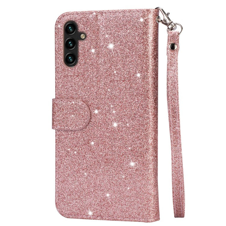 For Samsung Galaxy A35 5G Case Glitter Phone Stand Leather Drop-proof Cover with Zipper Pocket - Rose Gold