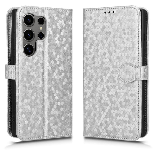 For Samsung Galaxy S24 Ultra Cell Phone Case PU Leather Wallet Imprinted Foldable Stand Cover - Silver