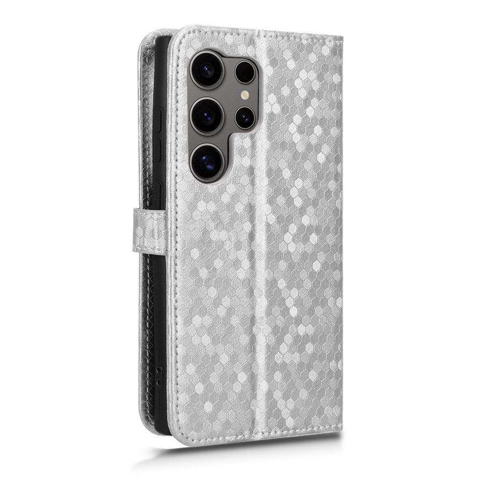 For Samsung Galaxy S24 Ultra Cell Phone Case PU Leather Wallet Imprinted Foldable Stand Cover - Silver
