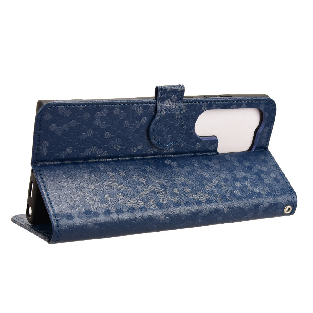 For Samsung Galaxy S24 Ultra Cell Phone Case PU Leather Wallet Imprinted Foldable Stand Cover - Dark Blue