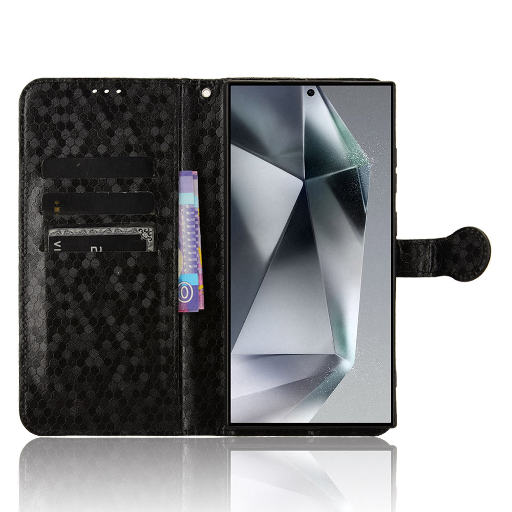 For Samsung Galaxy S24 Ultra Cell Phone Case PU Leather Wallet Imprinted Foldable Stand Cover - Black