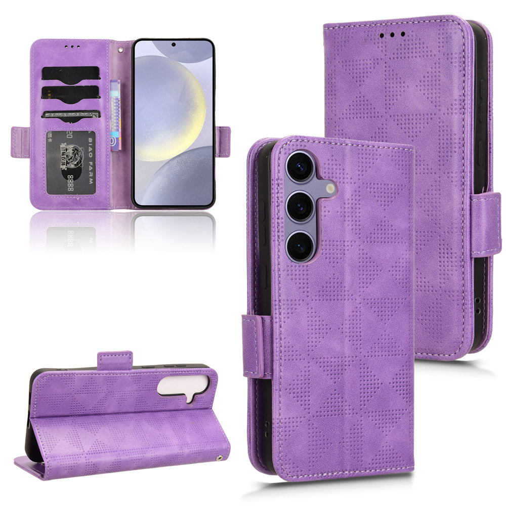 For Samsung Galaxy S24 Cell Phone Case Imprinted Triangle Flip Stand Wallet Leather Cover - Purple