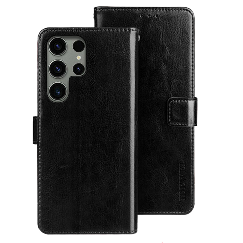 IDEWEI For Samsung Galaxy S24 Ultra Leather Case Crazy Horse Leather Folio Flip Phone Wallet - Black