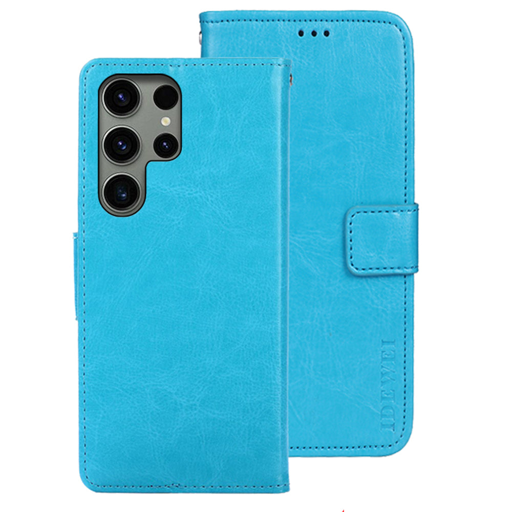 IDEWEI For Samsung Galaxy S24 Ultra Leather Case Crazy Horse Leather Folio Flip Phone Wallet - Sky Blue