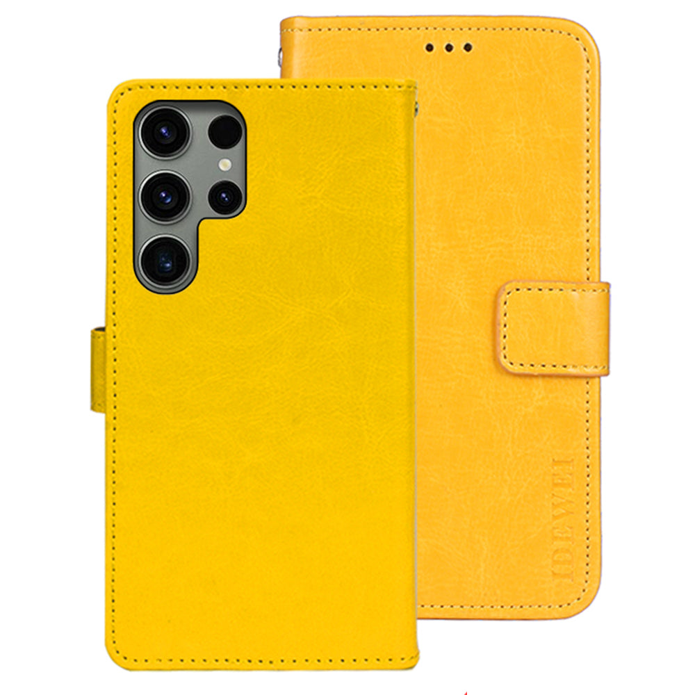 IDEWEI For Samsung Galaxy S24 Ultra Leather Case Crazy Horse Leather Folio Flip Phone Wallet - Yellow