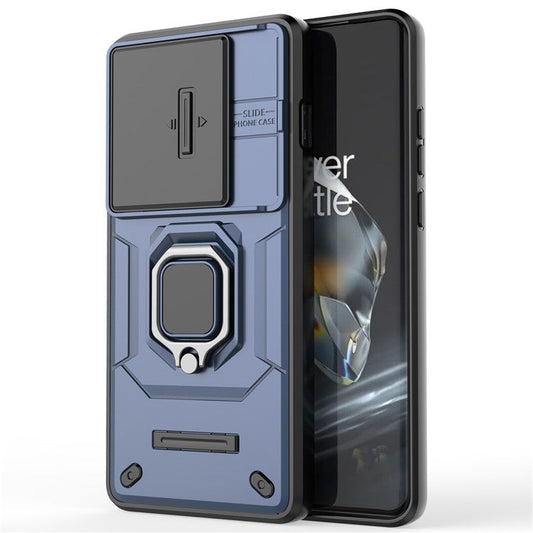 For OnePlus 12 5G Cell Phone Case Anti-drop Kickstand Back Cover with Slide Camera Lid - Blue