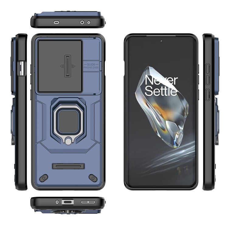 For OnePlus 12 5G Cell Phone Case Anti-drop Kickstand Back Cover with Slide Camera Lid - Blue