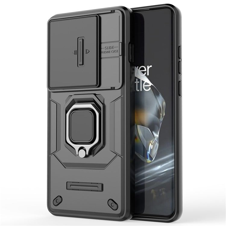 For OnePlus 12 5G Cell Phone Case Anti-drop Kickstand Back Cover with Slide Camera Lid - Black