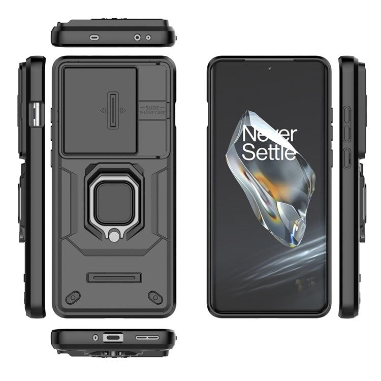 For OnePlus 12 5G Cell Phone Case Anti-drop Kickstand Back Cover with Slide Camera Lid - Black