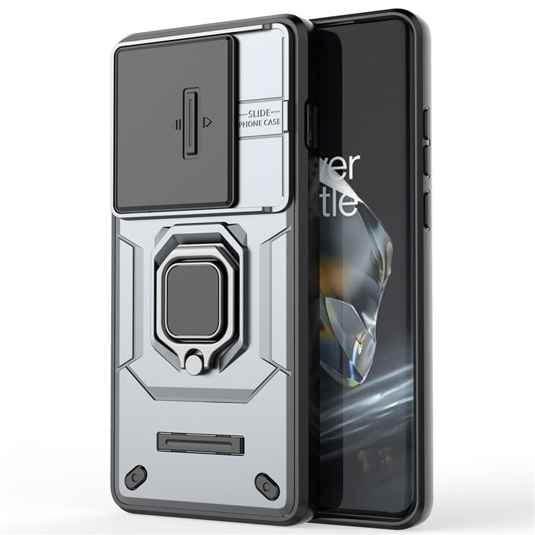 For OnePlus 12 5G Cell Phone Case Anti-drop Kickstand Back Cover with Slide Camera Lid - Grey