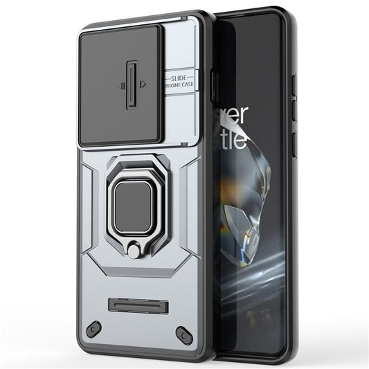 For OnePlus 12 5G Cell Phone Case Anti-drop Kickstand Back Cover with Slide Camera Lid - Grey