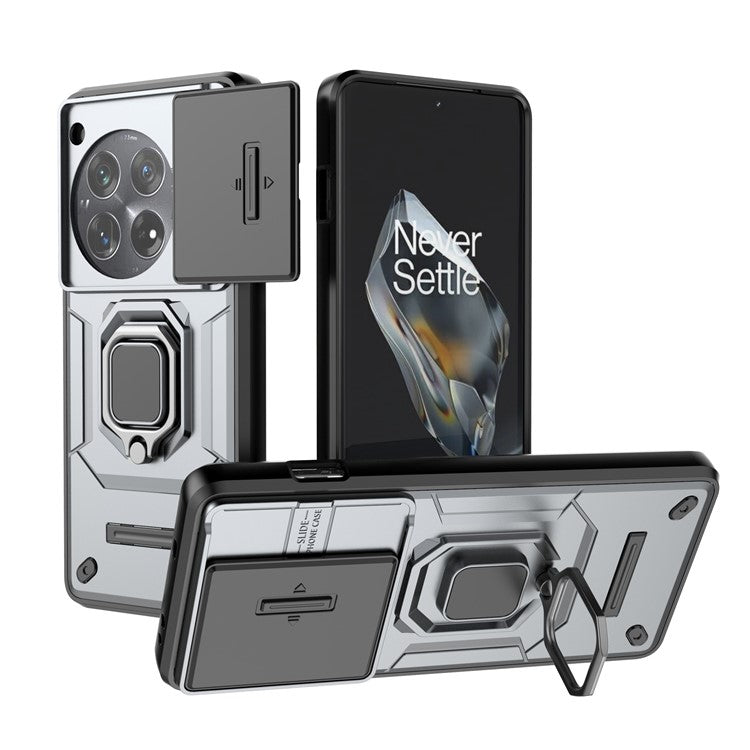For OnePlus 12 5G Cell Phone Case Anti-drop Kickstand Back Cover with Slide Camera Lid - Grey