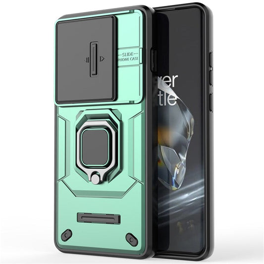 For OnePlus 12 5G Cell Phone Case Anti-drop Kickstand Back Cover with Slide Camera Lid - Green