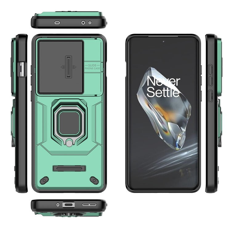 For OnePlus 12 5G Cell Phone Case Anti-drop Kickstand Back Cover with Slide Camera Lid - Green