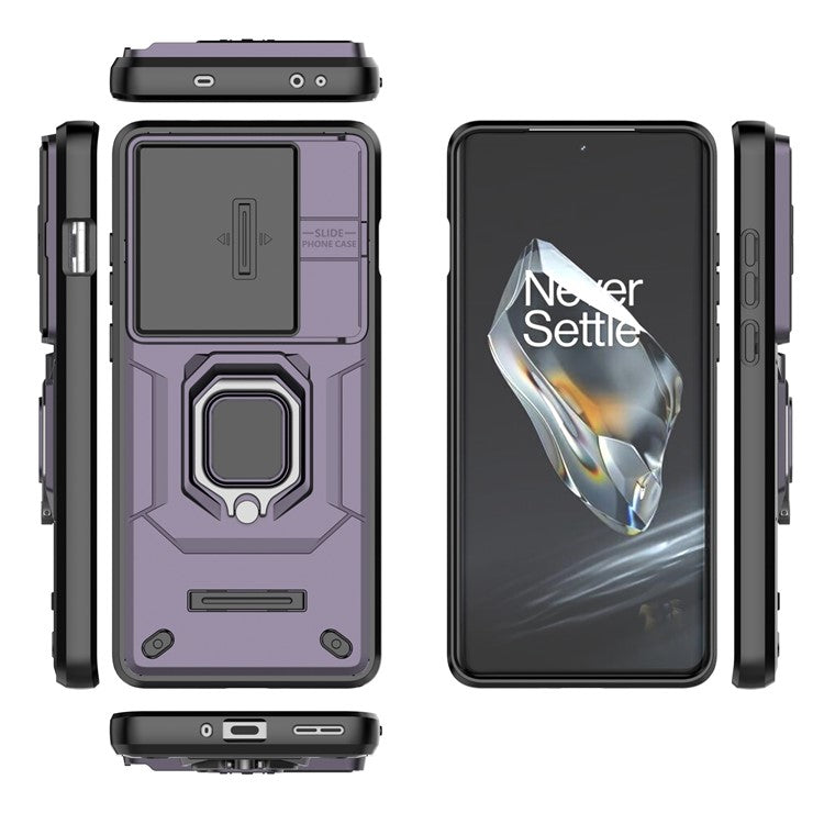 For OnePlus 12 5G Cell Phone Case Anti-drop Kickstand Back Cover with Slide Camera Lid - Purple