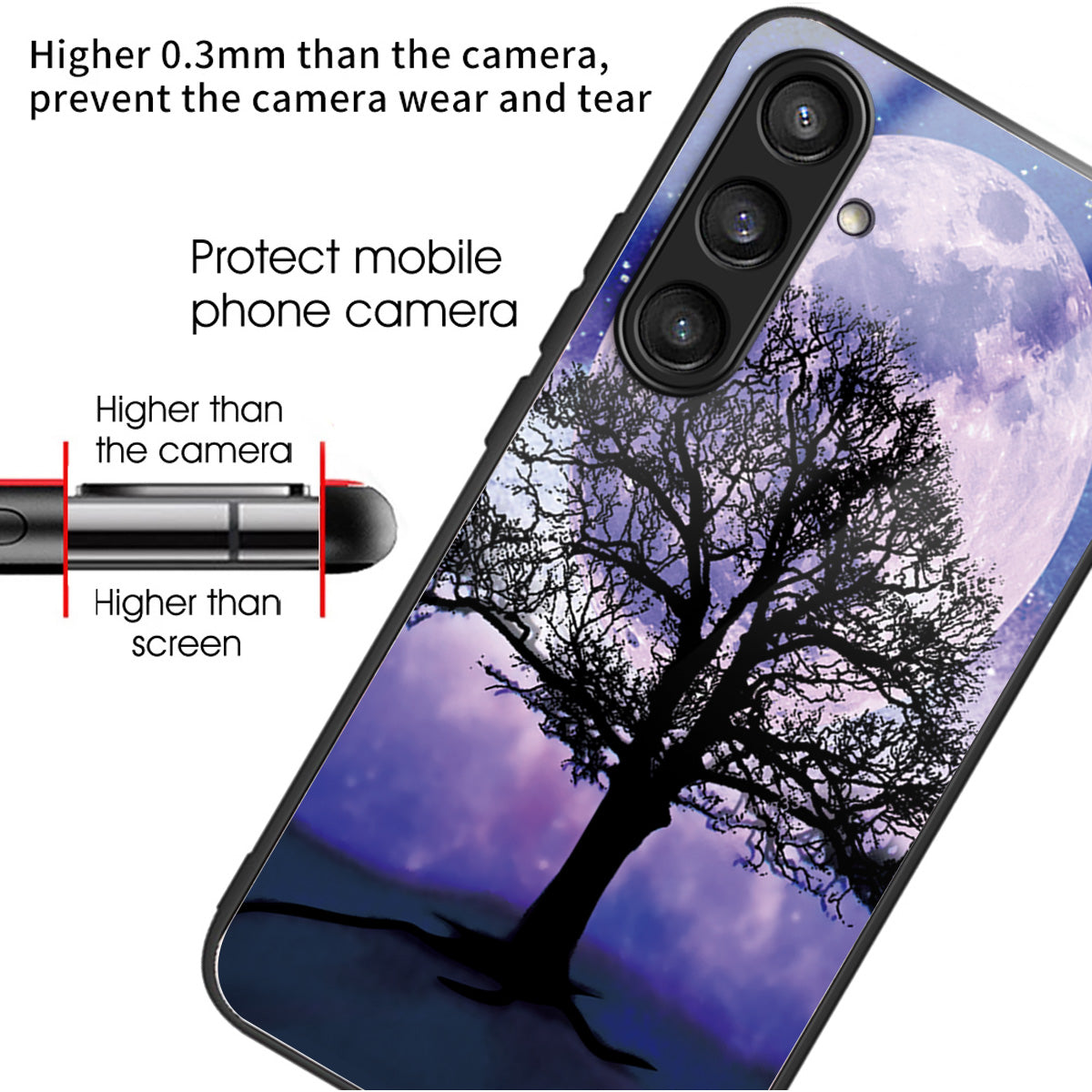 For Samsung Galaxy S24 Tempered Glass+TPU Case Pattern Printing Phone Cover - Tree and Moon