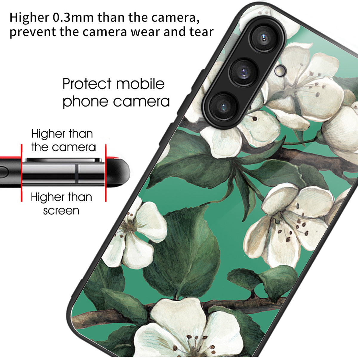 For Samsung Galaxy S24+ Phone Case Tempered Glass+TPU Anti-drop Cover - White Flowers