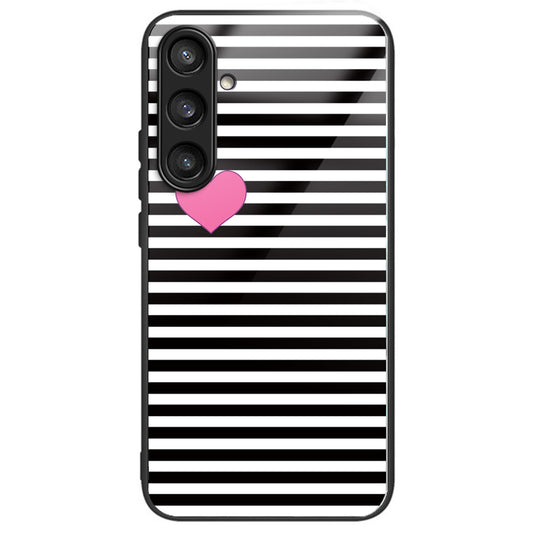 For Samsung Galaxy S24 TPU+Tempered Glass Case Pattern Printing Anti-drop Cover - Stripes / Hearts