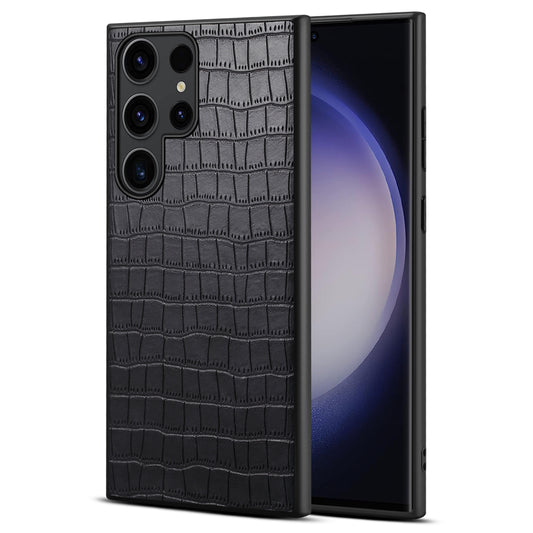 For Samsung Galaxy S24 Ultra Case PU+PC+TPU Crocodile Textured Smart Phone Cover - Black