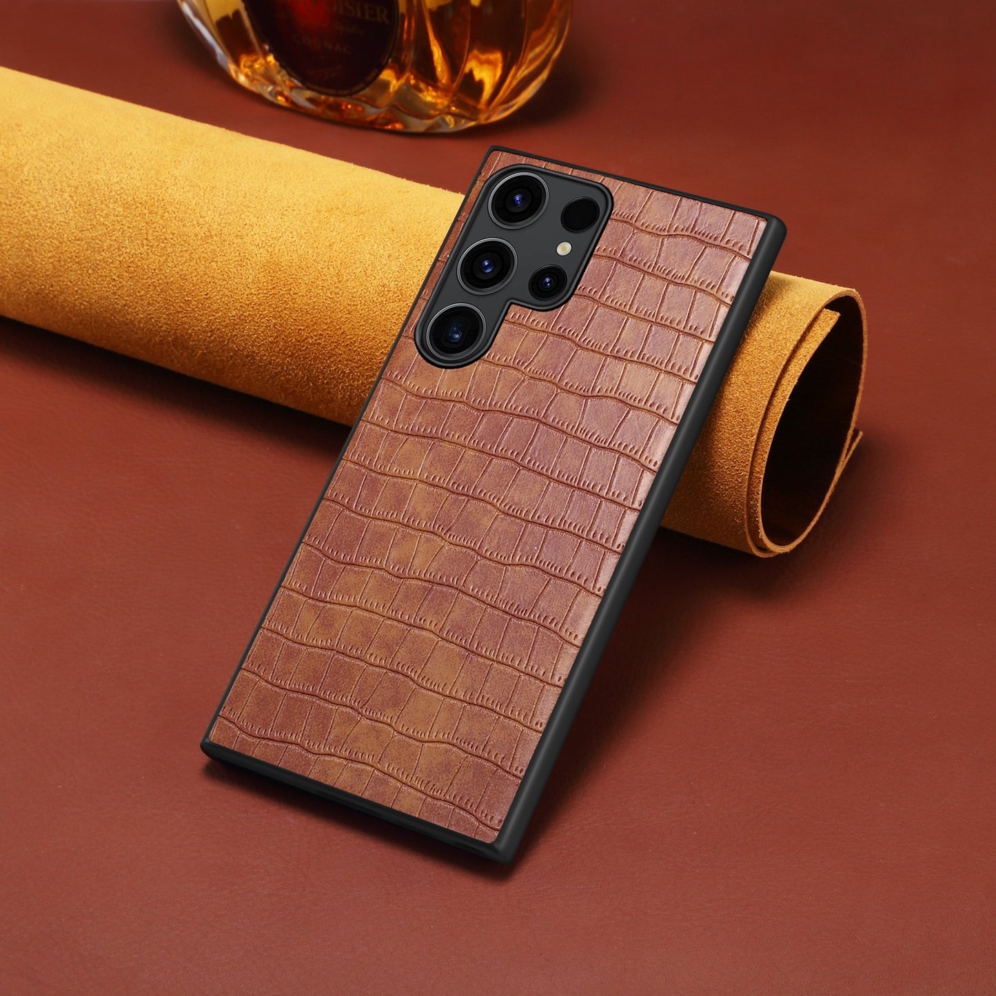 For Samsung Galaxy S24 Ultra Case PU+PC+TPU Crocodile Textured Smart Phone Cover - Brown