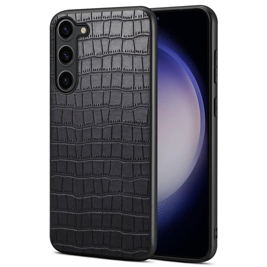 For Samsung Galaxy S24 Back Case PU Leather Coated PC+TPU Crocodile Texture Phone Cover - Black