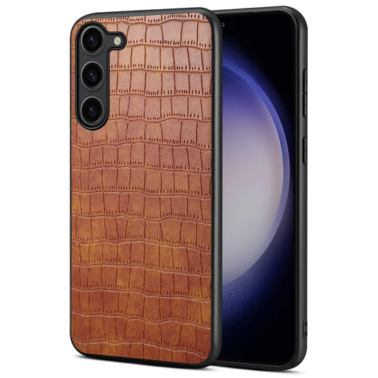 For Samsung Galaxy S24 Back Case PU Leather Coated PC+TPU Crocodile Texture Phone Cover - Brown
