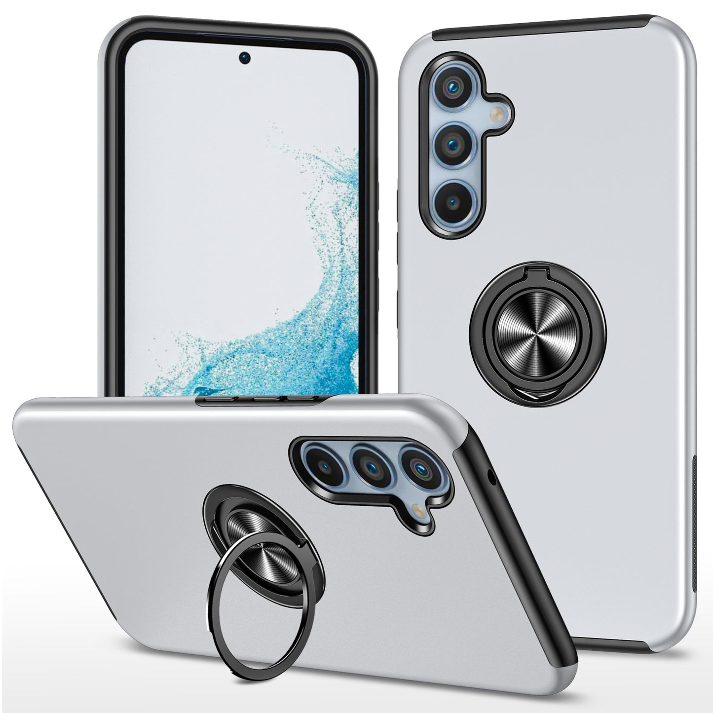 For Samsung Galaxy S24 Case PC+TPU Ring Kickstand Mobile Phone Cover - Silver