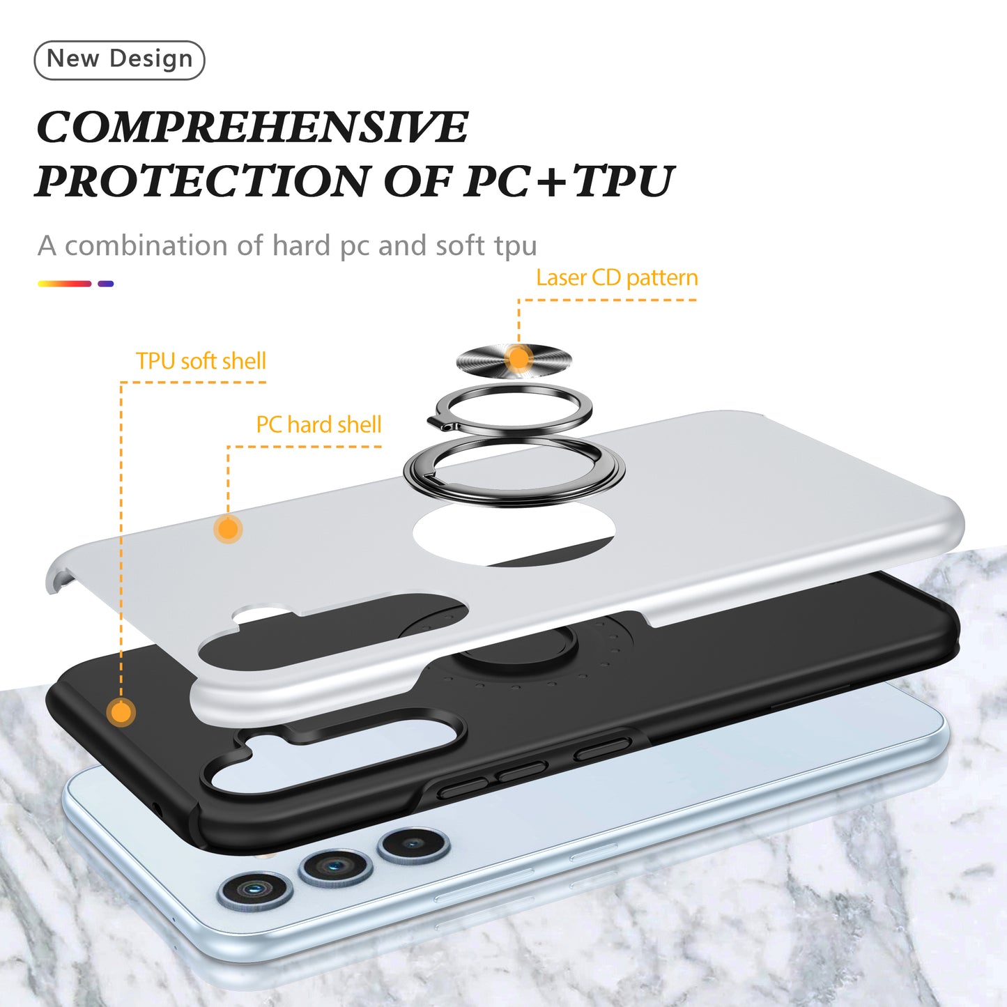 For Samsung Galaxy S24 Case PC+TPU Ring Kickstand Mobile Phone Cover - Silver