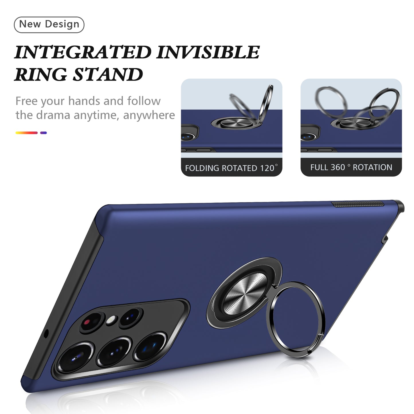 For Samsung Galaxy S24 Ultra Cell Phone Case Anti-scratch Ring Kickstand Back Shell - Blue
