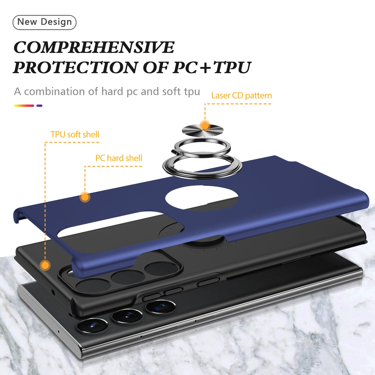 For Samsung Galaxy S24 Ultra Cell Phone Case Anti-scratch Ring Kickstand Back Shell - Blue