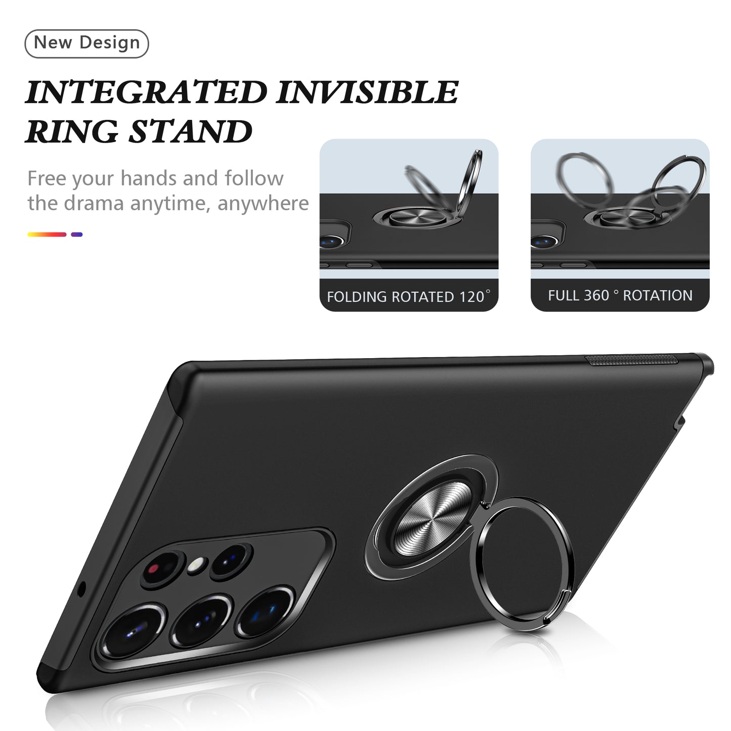 For Samsung Galaxy S24 Ultra Cell Phone Case Anti-scratch Ring Kickstand Back Shell - Black