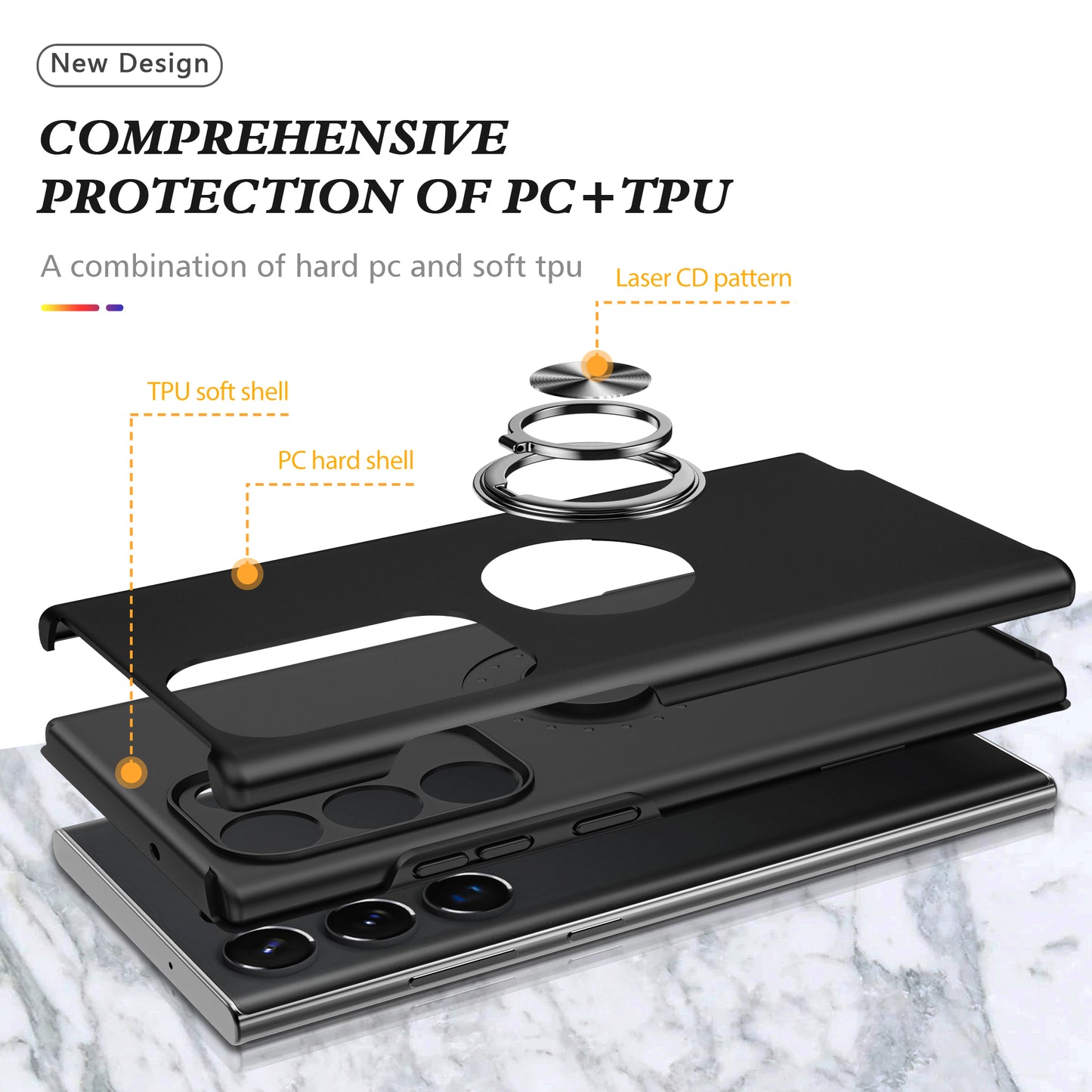For Samsung Galaxy S24 Ultra Cell Phone Case Anti-scratch Ring Kickstand Back Shell - Black