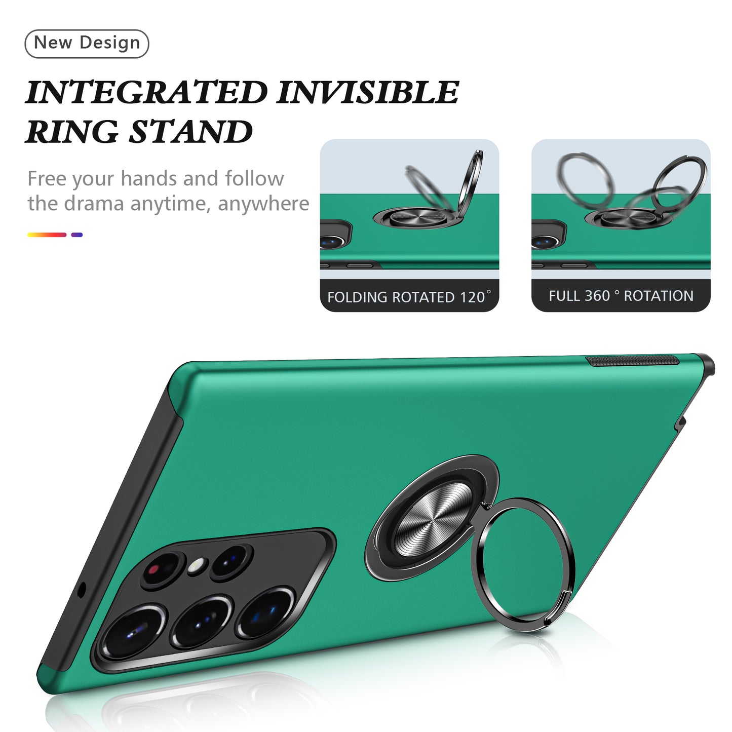 For Samsung Galaxy S24 Ultra Cell Phone Case Anti-scratch Ring Kickstand Back Shell - Blackish Green