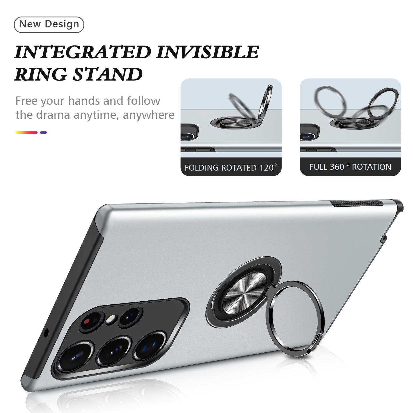 For Samsung Galaxy S24 Ultra Cell Phone Case Anti-scratch Ring Kickstand Back Shell - Silver