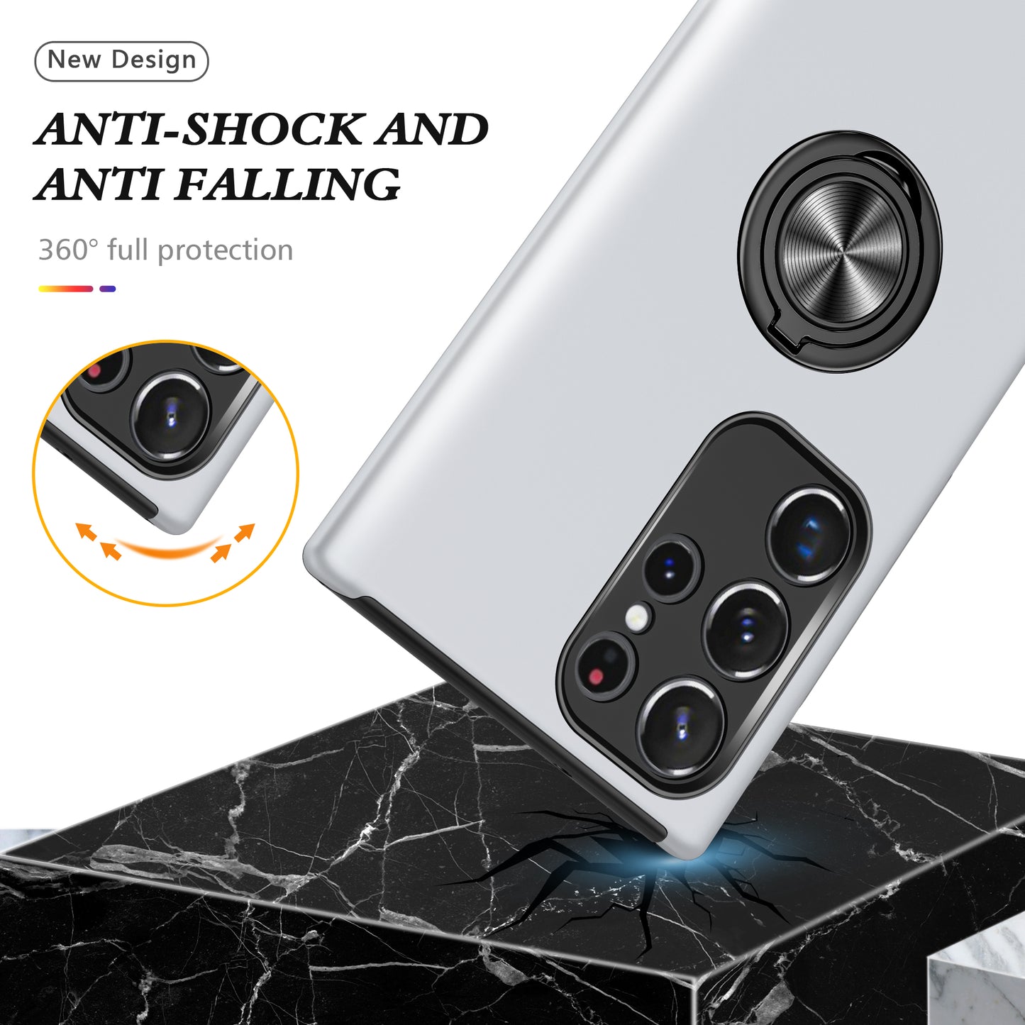 For Samsung Galaxy S24 Ultra Cell Phone Case Anti-scratch Ring Kickstand Back Shell - Silver