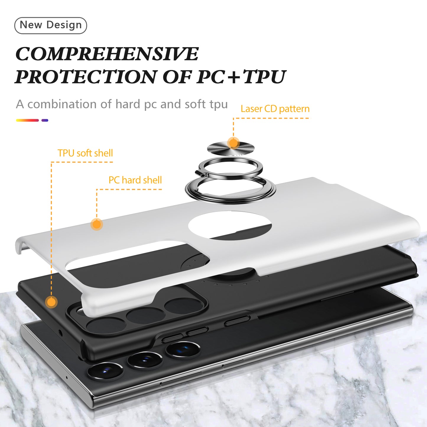 For Samsung Galaxy S24 Ultra Cell Phone Case Anti-scratch Ring Kickstand Back Shell - Silver