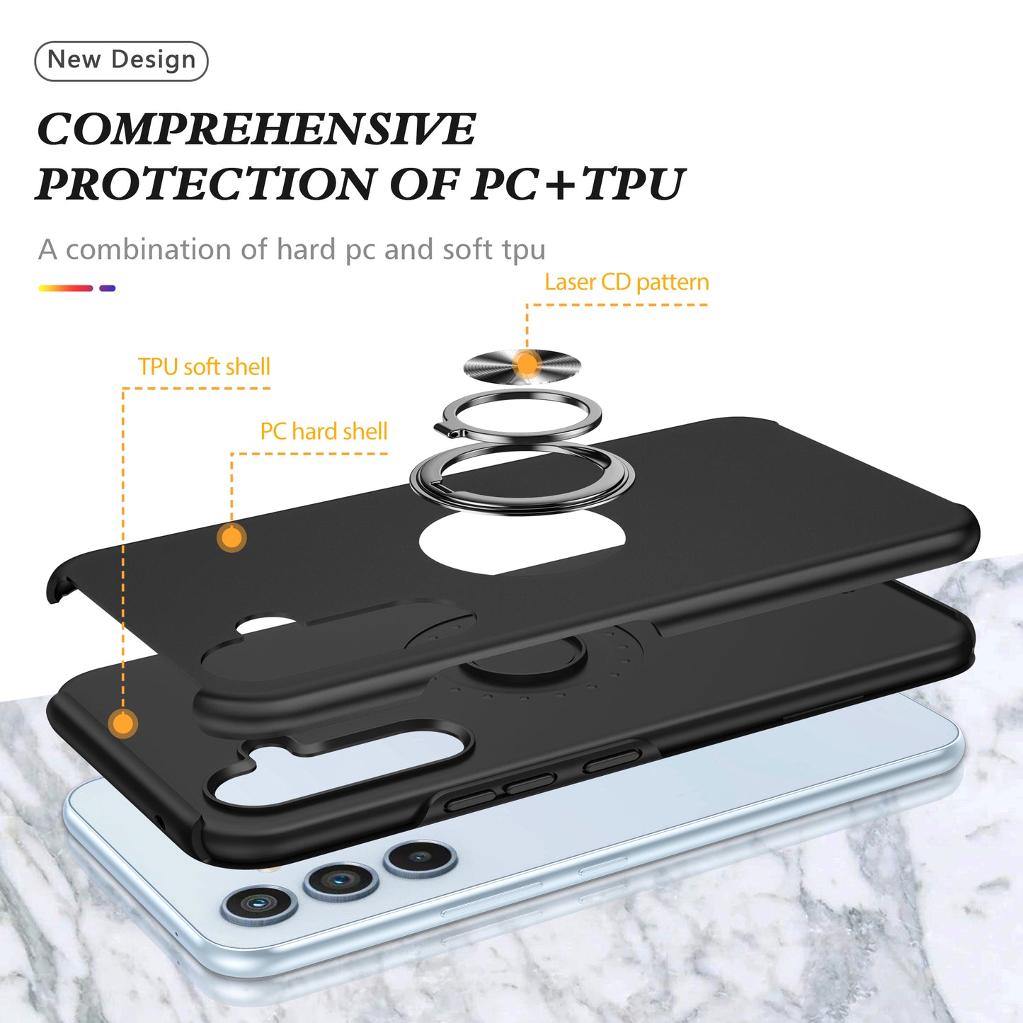 For Samsung Galaxy S24+ Phone Case Slim-Fit PC+TPU Cover with Ring Kickstand - Black