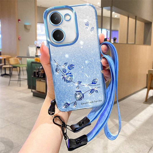 KADEM For vivo Y100i 5G Cover Glitter Flower Pattern Drop-proof TPU Cell Phone Case with Strap - Blue