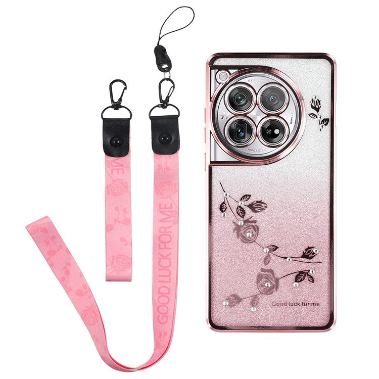 KADEM For OnePlus 12 5G Cover Flower Pattern Gradient TPU Anti-scratch Cell Phone Case with Strap - Rose Gold